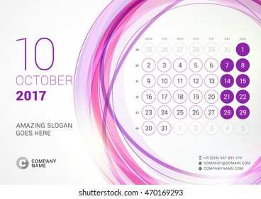 Desk Calendar for 2017 Year. October. Week Starts Monday. Vector Design Print Template with Abstract Circle Background