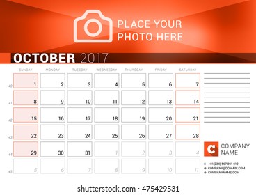 Desk Calendar for 2017 Year. October. Vector Design Print Template. Week Starts Sunday