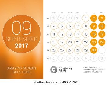 Desk Calendar for 2017 Year. September. Vector Design Print Template with Place for Photo. Week Starts Monday