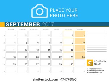 Desk Calendar for 2017 Year. September. Vector Design Print Template with Place for Photo, Logo and Contact Information. Week Starts Monday. Calendar Grid with Week Numbers and Place for Notes