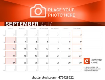 Desk Calendar for 2017 Year. September. Vector Design Print Template. Week Starts Sunday