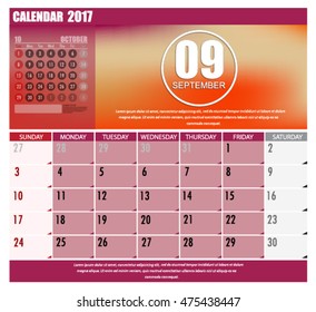 Desk Calendar for 2017 Year. September. Vector Design Print Template with Place for Photo. Week Starts Sunday