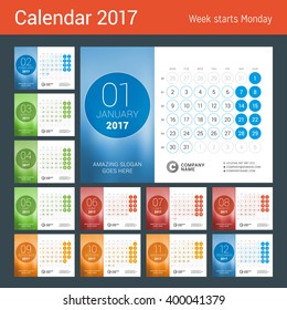 Desk Calendar for 2017 Year. Set of 12 Months. Vector Design Print Template with Place for Photo. Week Starts Monday