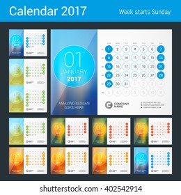 Desk Calendar for 2017 Year. Set of 12 Months. Vector Design Print Template with Place for Photo. Week Starts Sunday