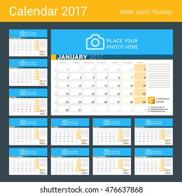 Desk Calendar for 2017 Year. Set of 12 Months. Vector Design Print Template with Place for Photo, Logo and Contact Information. Week Starts Monday. Calendar Grid with Week Numbers and Place for Notes