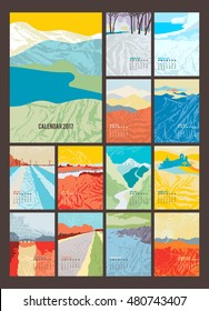 Desk Calendar for 2017 Year. Set of 12 Months calendar pages and cover. Abstract landscapes in art deco style. Vector EPS 10.