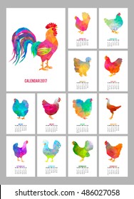 Desk Calendar for 2017 Year. Set of 12 colorful months pages and cover. Abstract low poly rooster and chickens. Chinese holiday symbol.