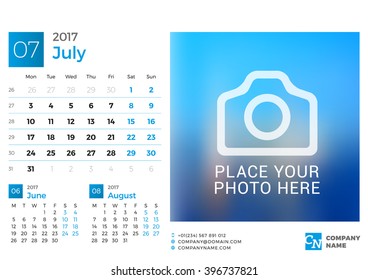 Desk Calendar for 2017 Year. Vector Design Print Template with Place for Photo. July. Week Starts Monday. 3 Months on Page