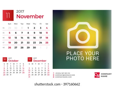 Desk Calendar for 2017 Year. Vector Design Print Template with Place for Photo. November. Week Starts Sunday. 3 Months on Page