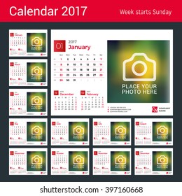 Desk Calendar for 2017 Year. Vector Design Print Template with Place for Photo. Set of 12 Months. Week Starts Sunday. 3 Months on Page