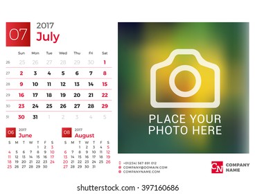 Desk Calendar for 2017 Year. Vector Design Print Template with Place for Photo. July. Week Starts Sunday. 3 Months on Page
