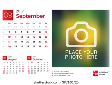 Desk Calendar for 2017 Year. Vector Design Print Template with Place for Photo. September. Week Starts Sunday. 3 Months on Page