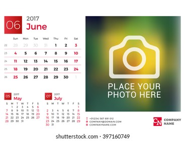 Desk Calendar for 2017 Year. Vector Design Print Template with Place for Photo. June. Week Starts Sunday. 3 Months on Page