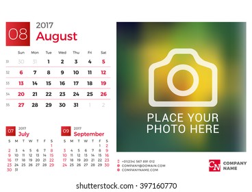Desk Calendar for 2017 Year. Vector Design Print Template with Place for Photo. August. Week Starts Sunday. 3 Months on Page