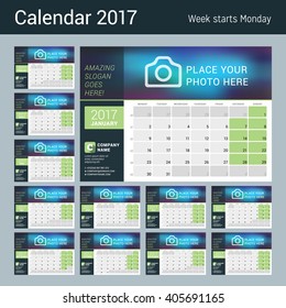 Desk Calendar for 2017 Year. Vector Design Print Template with Place for Photo, Logo and Contact Information. Week Starts Monday. Calendar Grid with Week Numbers and Place for Notes