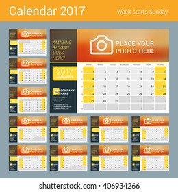 Desk Calendar for 2017 Year. Vector Design Print Template with Place for Photo, Logo and Contact Information. Week Starts Sunday. Calendar Grid with Week Numbers and Place for Notes