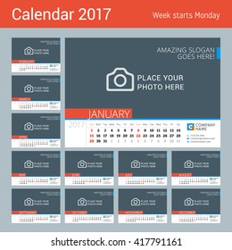 Desk Calendar for 2017 Year. Vector Design Print Template with Place for Photo. Week Starts Sunday