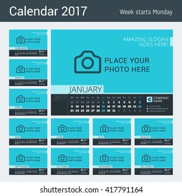 Desk Calendar for 2017 Year. Vector Design Print Template with Place for Photo. Week Starts Monday