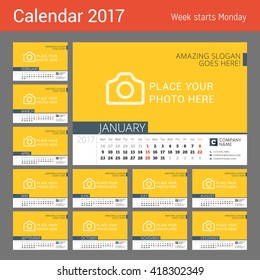 Desk Calendar for 2017 Year. Vector Design Print Template with Place for Photo. Week Starts Monday