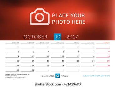 Desk calendar for 2017 year. Vector print template with place for photo. October. Week starts Monday