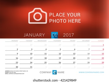 Desk calendar for 2017 year. Vector print template with place for photo. January. Week starts Monday