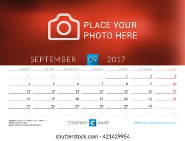 Desk calendar for 2017 year. Vector print template with place for photo. September. Week starts Monday