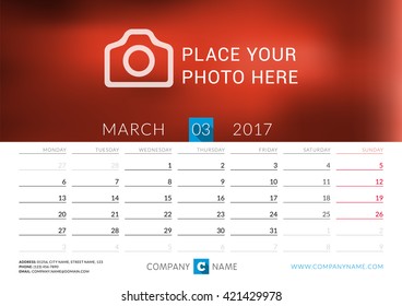 Desk calendar for 2017 year. Vector print template with place for photo. March. Week starts Monday