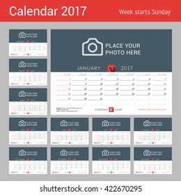 Desk calendar for 2017 year. Vector print template with place for photo. Week starts Sunday. Vector calendar. Calendar design. Calendar pages. Planner 2017