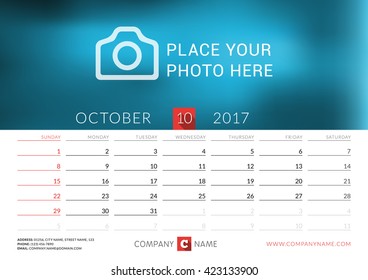 Desk calendar for 2017 year. Vector print template with place for photo. October. Week starts Sunday