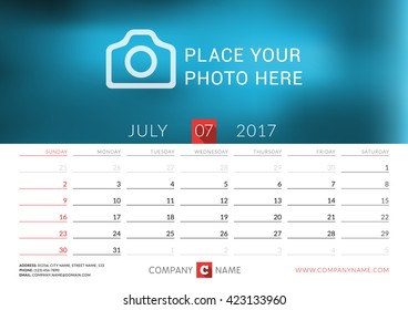 Desk calendar for 2017 year. Vector print template with place for photo. July. Week starts Sunday