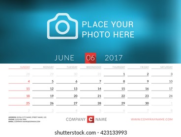 Desk calendar for 2017 year. Vector print template with place for photo. June. Week starts Sunday