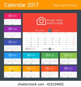 Desk calendar for 2017 year. Vector print template with place for photo. Week starts Monday. Stationery Design. Planner Template