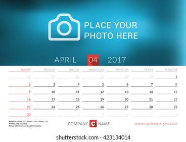 Desk calendar for 2017 year. Vector print template with place for photo. April. Week starts Sunday