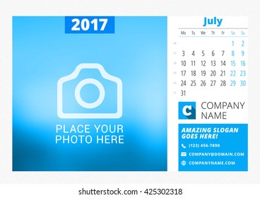 Desk calendar for 2017 year. Vector print template with place for photo. July. Week starts Monday. Calendar page. Stationery design
