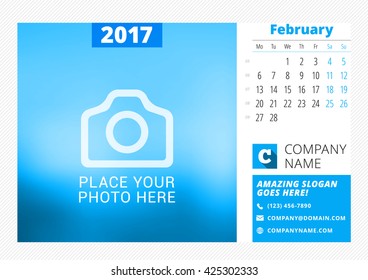 Desk calendar for 2017 year. Vector print template with place for photo. February. Week starts Monday. Calendar page. Stationery design