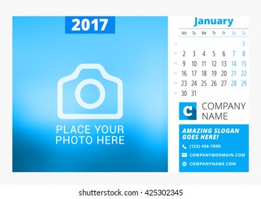 Desk calendar for 2017 year. Vector print template with place for photo. January. Week starts Monday. Calendar page. Stationery design
