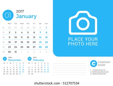 Desk Calendar for 2017 Year. Vector Print Template with Place for Photo. January. Week Starts Monday. 3 Months on Page