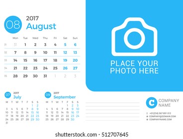 Desk Calendar for 2017 Year. Vector Print Template with Place for Photo. August. Week Starts Monday. 3 Months on Page