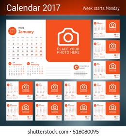 Desk Calendar for 2017 Year. Vector Print Template with Place for Photo. Red Color Theme. Set of 12 Months. Week Starts Monday. 3 Months on Page