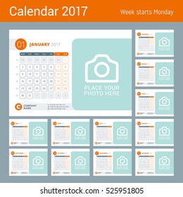 Desk Calendar for 2017 Year. Vector Design Print Template with Place for Photo. Week Starts on Monday. Calendar Grid with Week Numbers