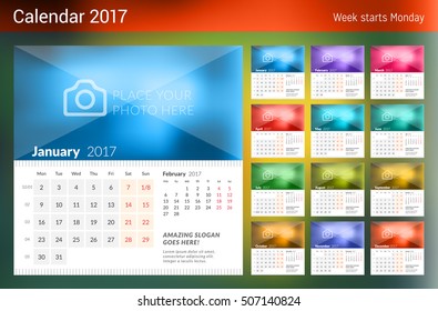 Desk Calendar for 2017 Year. Week Starts Monday. 2 Months on Page. Set of 12 Months. Vector Design Print Template with Place for Photo