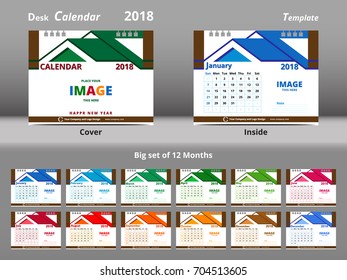 Desk Calendar 2018   Illustration Vector design template.with place for Image and Notes. Set of  12 Months.Week Starts Sunday