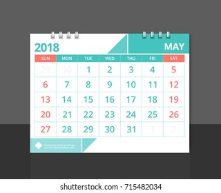 Desk Calendar 2018 May week start on Sunday corporate design template vector.