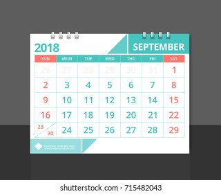 Desk calendar 2018 September week start on Sunday corporate design template vector.