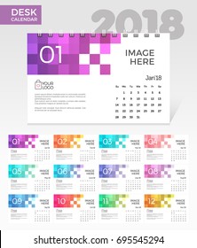 Desk Calendar 2018. Simple Colorful pixels minimal elegant desk calendar template in white background