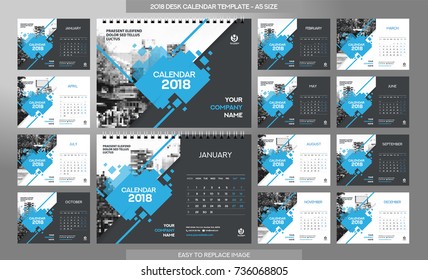 Desk Calendar 2018 template - 12 months included - A5 Size - Art Brush Theme