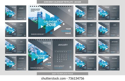 Desk Calendar 2018 template - 12 months included - A5 Size - Art Brush Theme