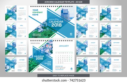 Desk Calendar 2018 template - 12 months included - A5 Size 