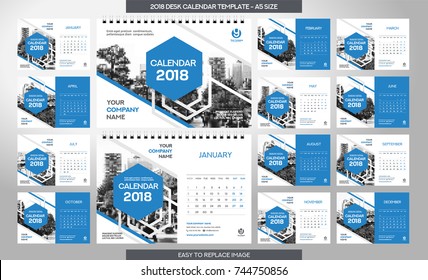 Desk Calendar 2018 template - 12 months included - A5 Size 