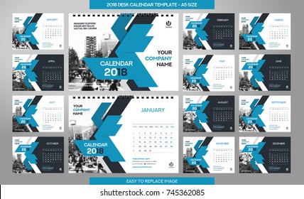 Desk Calendar 2018 template - 12 months included - A5 Size 